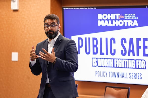 Atlanta City Council candidate Rohit Malhotra speaks about public safety during a town hall at the Loudermilk Center in Atlanta on Monday, Oct. 6, 2025. (Natrice Miller/AJC)
