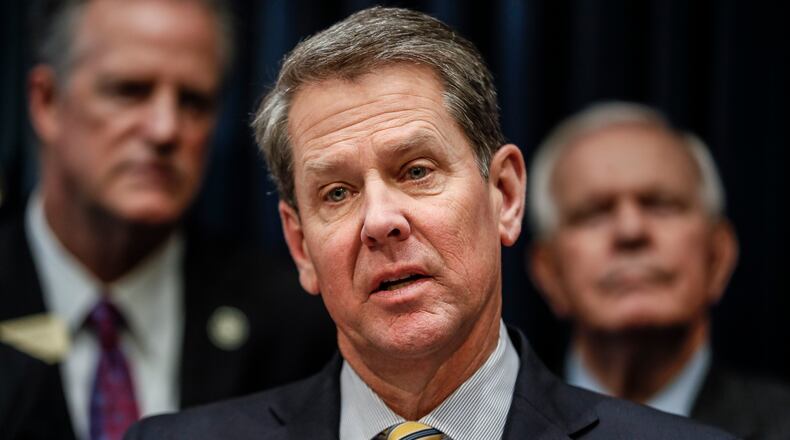 Gov. Brian Kemp speaks at a press conference at the Capitol.    Bob Andres / bandres@ajc.com