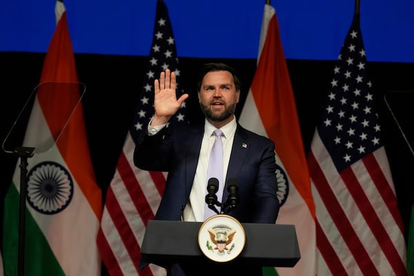 U.S. Vice President JD Vance waves at the audience after speaking at the Rajasthan International Center in Jaipur, India, Tuesday, April 22, 2025. (AP Photo/Manish Swarup)