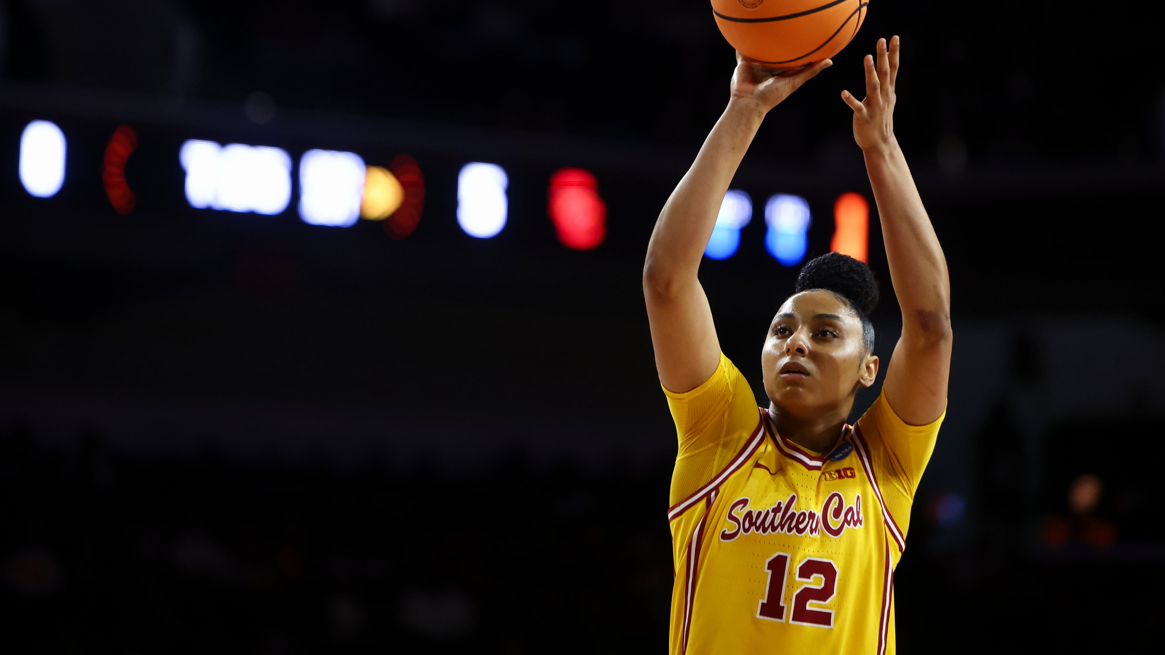 FILE - Southern California guard JuJu Watkins (12) shoots a free throw during the first half against Mississippi State in the second round of the NCAA college basketball tournament Monday, March 24, 2025, in Los Angeles. (AP Photo/Jessie Alcheh, File)