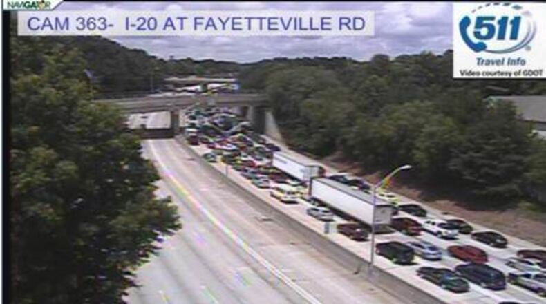 An accident involving a truck on I-20 before Glenwood Avenue blocked all of the westbound lanes in DeKalb County on July 22, 2014.