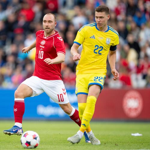 Denmark's Christian Eriksen, left, in action with Ukraine's Mykola Matviyenko during an international football game, in Odense, Denmark, Sunday, June 7, 2026. (Bo Amstrup/Ritzau Scanpix via AP)