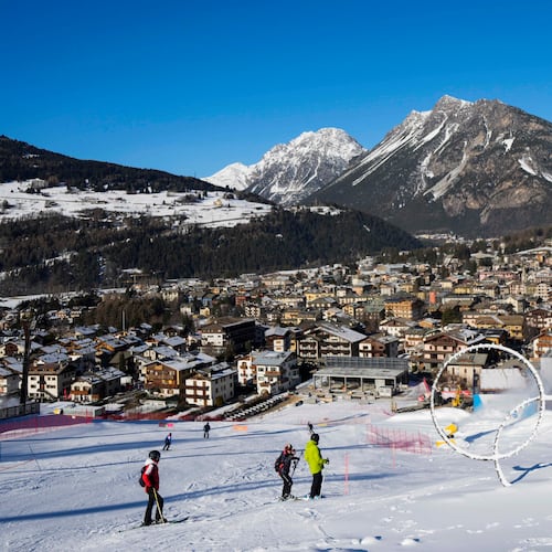 FILE - Olympic rings are seen near a slope of the Stelvio Ski Center, venue for the alpine ski and ski mountaineering disciplines at the Milan Cortina 2026 Winter Olympics, in Bormio, Italy, Thursday, Jan. 16, 2025. (AP Photo/Luca Bruno, File)