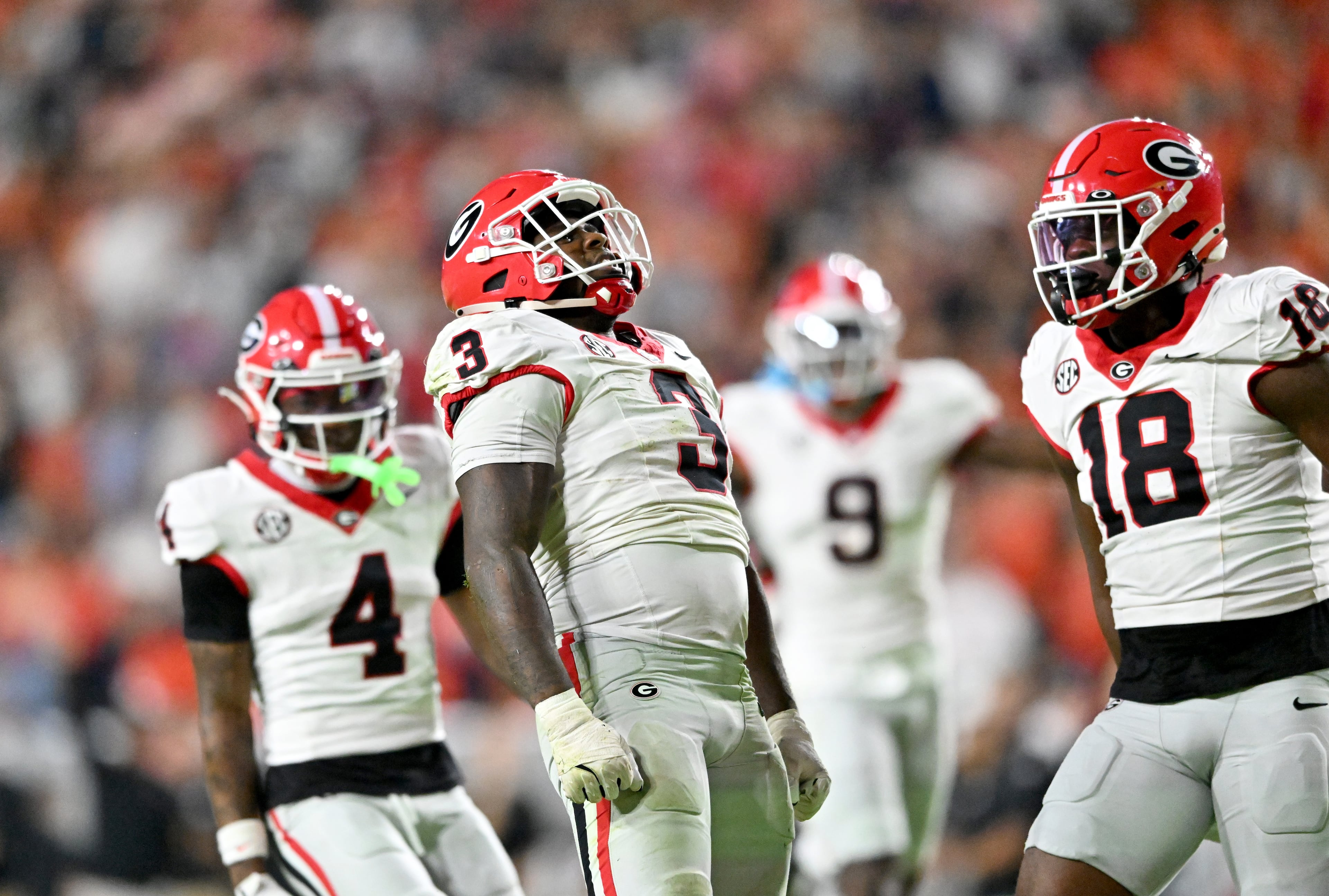 Georgia linebacker CJ Allen (3) reacts after sacking Auburn quarterback Jackson Arnold during the second half in a NCAA college football game at Jordan-Hare Stadium, Saturday, October 11, 2025, in Auburn, Ala. Georgia won 20-10 overAuburn. (Hyosub Shin / AJC)