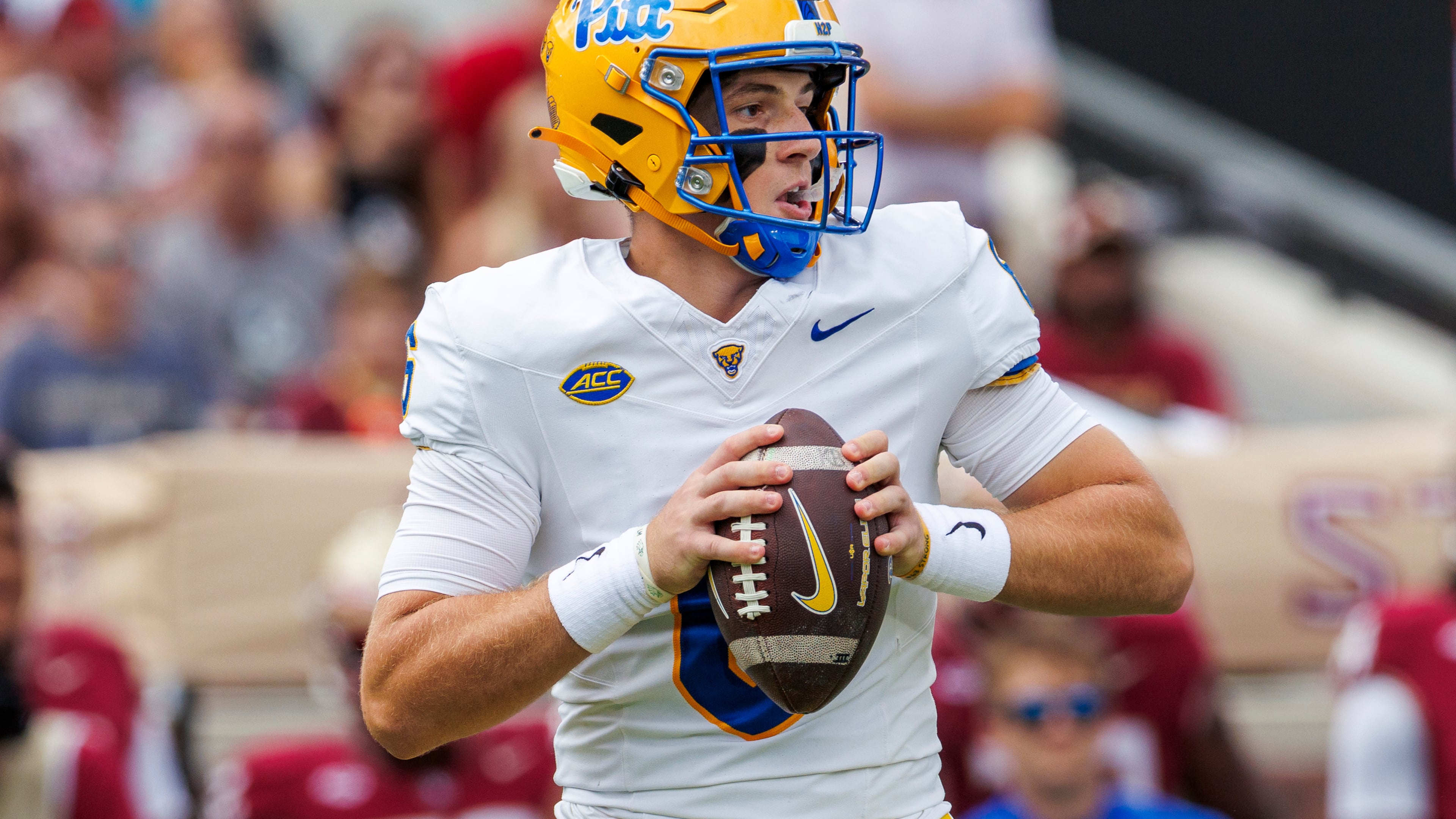Pittsburgh quarterback Mason Heintschel (6) looks for a receiver during the first half of an NCAA college football game against Florida State, Saturday, Oct. 11, 2025, in Tallahassee, Fla. (AP Photo/Colin Hackley)