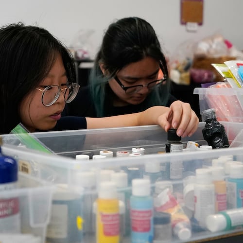 Shoppers look through art supplies for sale at the Brooklyn Creative Reuse on Wednesday, July 29, 2026, in the Brooklyn borough of New York. (AP Photo/Alyssa Goodman)