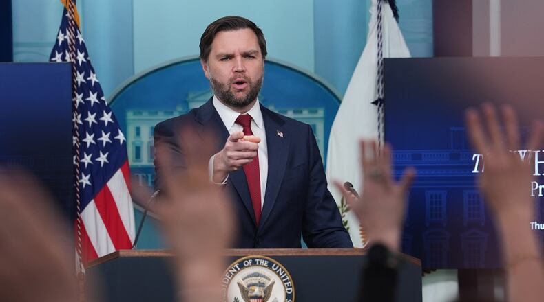 Vice President JD Vance speaks during a briefing at the White House, Thursday, Jan. 8, 2026, in Washington. (AP Photo/Evan Vucci)
