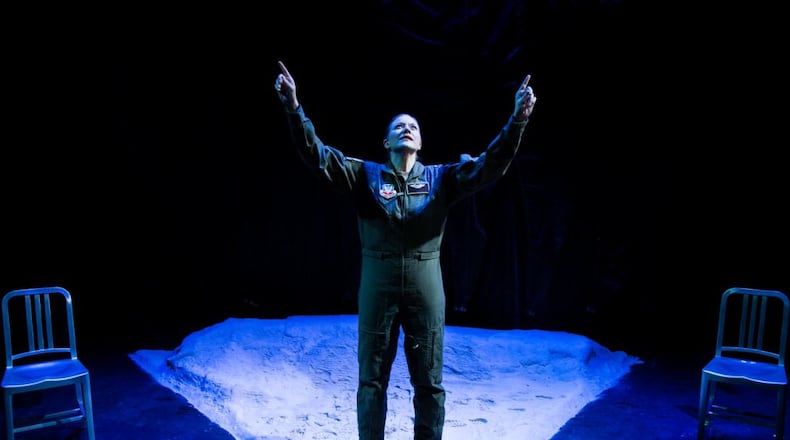 Actress Courtney Moors performs as the pilot in Atlanta Theatre Club’s production of George Brant’s play “Grounded” at Atlanta’s 7 Stages Theatre. Photo: Casey Gardner