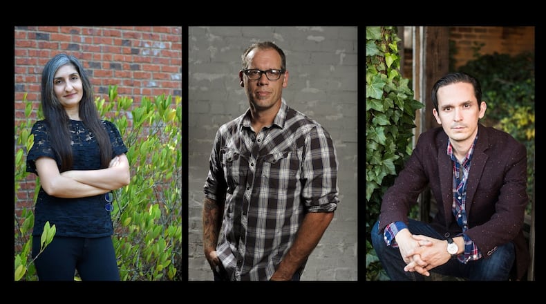 Local authors Anjali Enjeti (from left), Brian Panowich and Thomas Mullen share their current reading lists.
AJC File