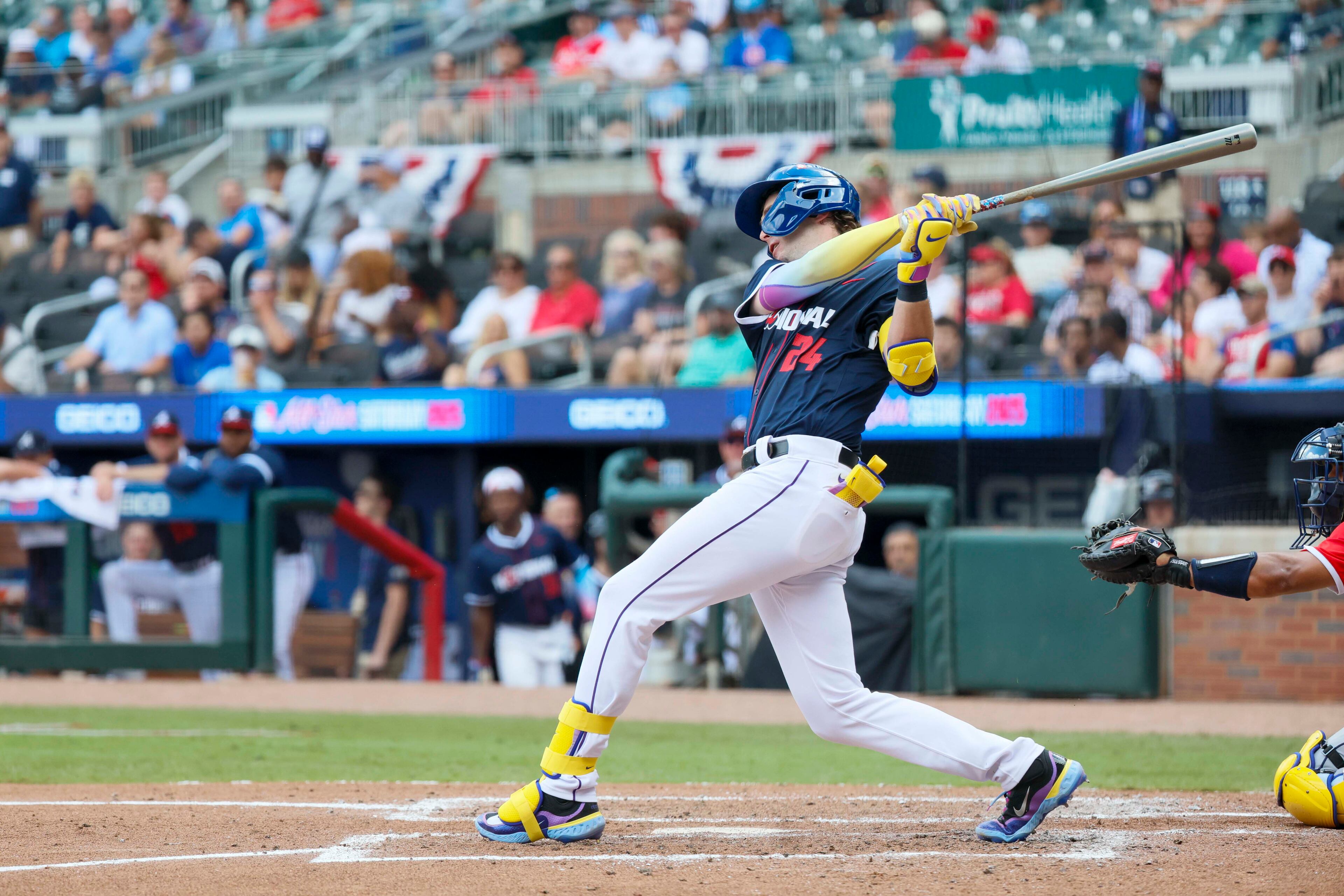National League infielder Charlie Condon (24) of the Colorado Rockies swings for a strike during the MLB All-Star Futures Game at Truist Park on Saturday, July 12, 2025, in Atlanta.
(Miguel Martinez/ AJC)