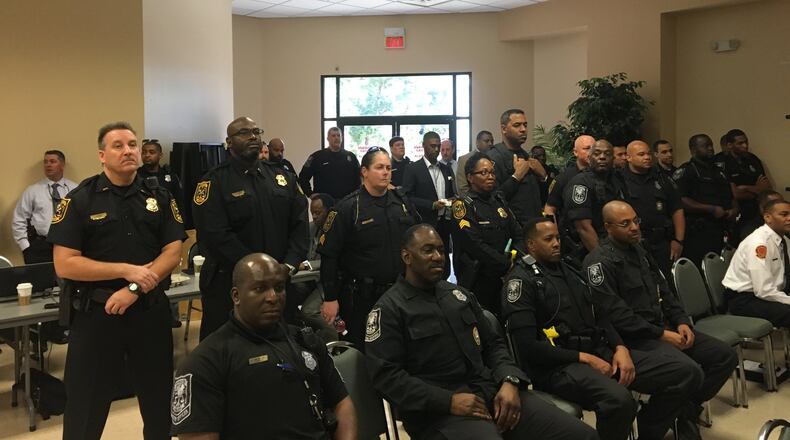 About 50 police officers watched as the DeKalb County Board of Commissioners rejected pay raises Tuesday, Feb. 28, 2017. MARK NIESSE / MARK.NIESSE@AJC.COM