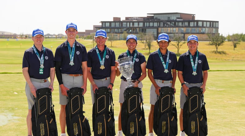 FRISCO, TX - JULY 03: The Boys High School Golf National Invitational first place team Georgia (RVA) featuring Patmon Malcom, Charles Beeson, Joseph Canitano, Kai Marko, and Nicholas Canitano with the trophy and Titleist golf bags at PGA Frisco on Wednesday, July 3, 2024 in Frisco, Texas. (Photo by Sam Hodde/PGA of America)