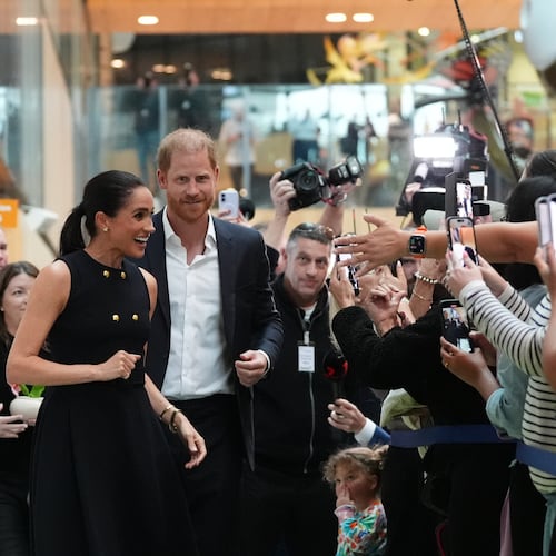Britain's Prince Harry and Meghan Markle, the Duke and Duchess of Sussex, visit the Royal Children's Hospital Melbourne, Australia Tuesday, April 14, 2026. (Jonathan Brady/Pool Photo via AP)