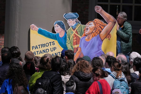 Students, faculty and members of the Harvard University community rally, Thursday, April 17, 2025, in Cambridge, Mass. (AP Photo/Charles Krupa)