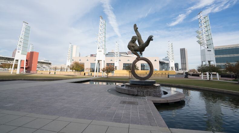 The International Plaza at the Georgia World Congress Center will be lit up in purple on the evenings of Oct. 17, 18 and 19.