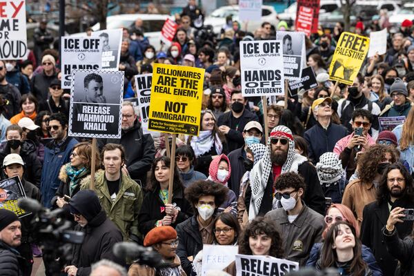 A crowd gathers in Foley Square, outside the Manhattan federal court, in support of Mahmoud Khalil, Wednesday, March 12, 2025, in New York. (AP Photo/Stefan Jeremiah)