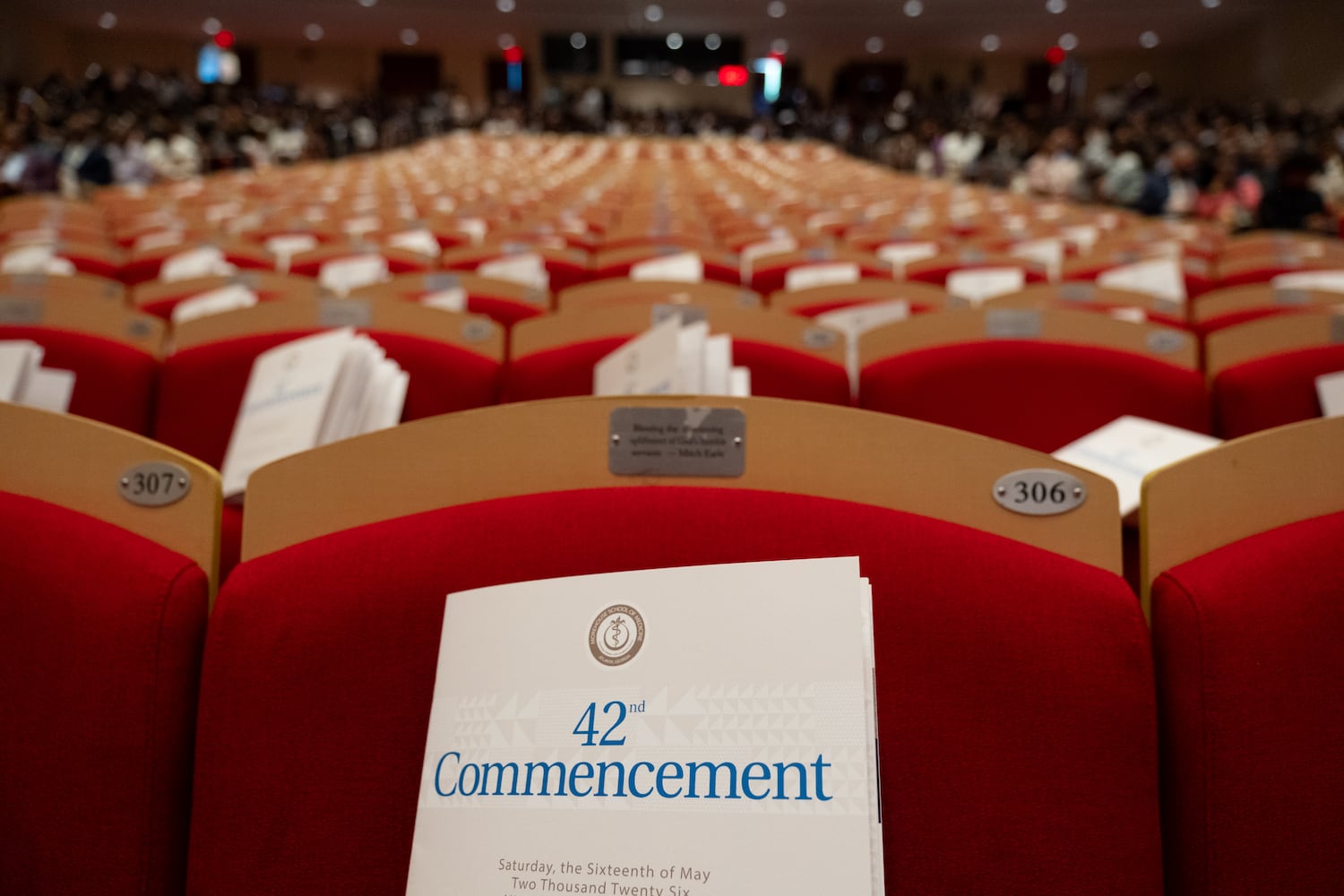 Empty seats await graduates before the graduation ceremony begins at Morehouse School of Medicine on Saturday, May 16, 2026, in Atlanta. (Ben Gray for the AJC)