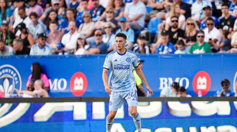 Atlanta United defender Noah Cobb #24 looks for a pass during the match against the CF Montreal at Stade Saputo in Montreal, Canada on Saturday July 13, 2024. (Photo by Mitch Martin/Atlanta United)