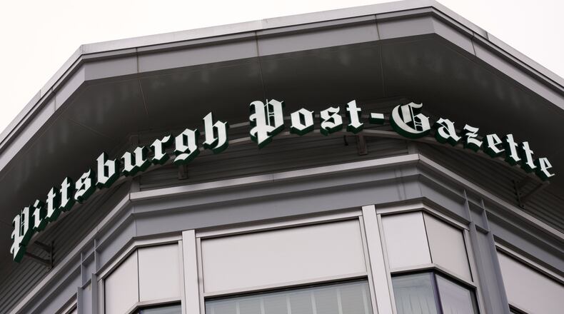 The Pittsburgh Post-Gazette logo is displayed on the newspaper's Pittsburgh office Wednesday, Jan 7, 2026. (AP Photo/Gene J. Puskar)