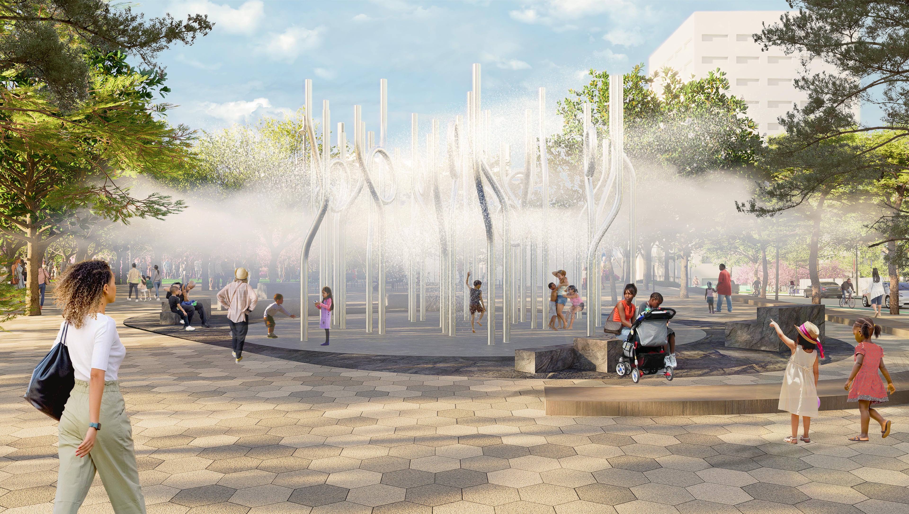 This is a rendering of a planned public space called Fog Forest within the first phase of the Stitch in downtown Atlanta. (Courtesy of Atlanta Downtown Improvement District)