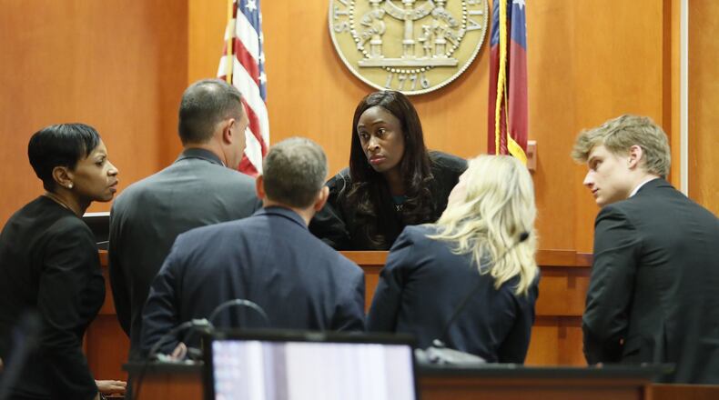 September 26, 2019 - Decatur - Judge LaTisha Dear Jackson holds a bench conference with attorneys during a break in afternoon testimony. The murder trial of former DeKalb County Police Officer Robert “Chip” Olsen concluded its first week. Bob Andres / robert.andres@ajc.com
