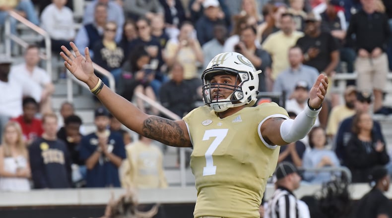 April 26, 2019 Atlanta - Georgia Tech quarterback Lucas Johnson (7) reacts during 2019 Georgia Tech Football Spring Game at Bobby Dodd Stadium on Friday, April 26, 2019. HYOSUB SHIN / HSHIN@AJC.COM