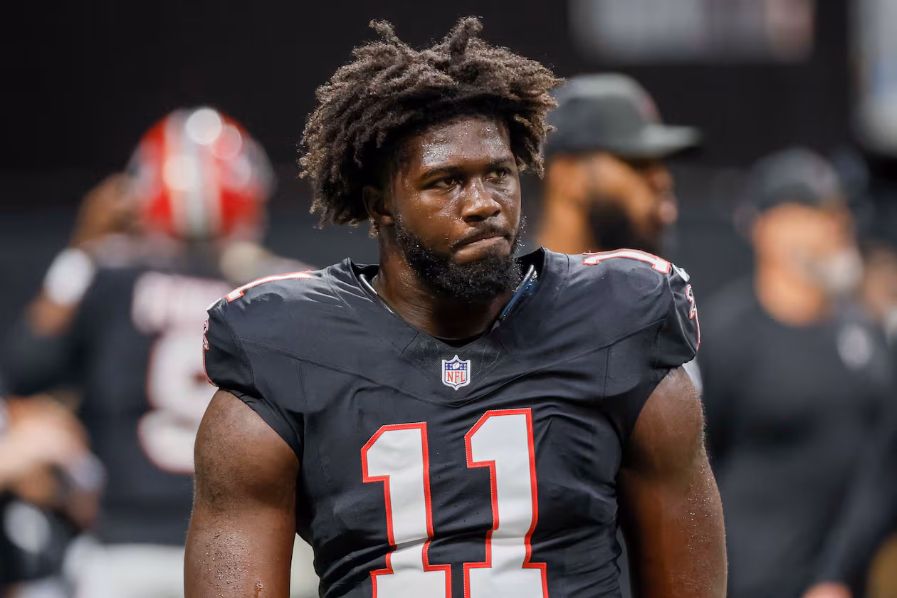 Falcons defensive end Jalon Walker looks on moments before Atlanta faced the Bills at Mercedes-Benz Stadium on Monday, October 13, 2025. (Miguel Martinez/AJC)