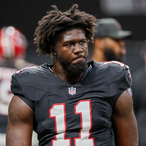 Atlanta Falcons defensive end Jalon Walker looks on moments before the Atlanta Falcons face the Buffalo Bills at Mercedes-Benz Stadium in Atlanta on Monday, Oct. 13, 2025. (Miguel Martinez/AJC)