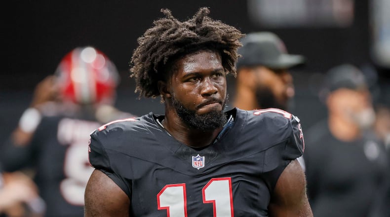 Falcons defensive end Jalon Walker looks on moments before Atlanta faced the Bills at Mercedes-Benz Stadium on Monday, October 13, 2025. (Miguel Martinez/AJC)
