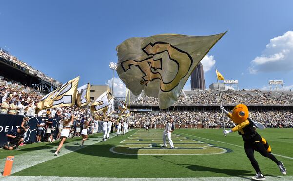 September 23, 2017 Atlanta - Georgia Tech cheerleaders celebrate in the second half of an NCAA college football game at Bobby Dodd Stadium on Saturday, September 23, 2017. Georgia Tech won 35 - 17 over the Pittsburgh. HYOSUB SHIN / HSHIN@AJC.COM