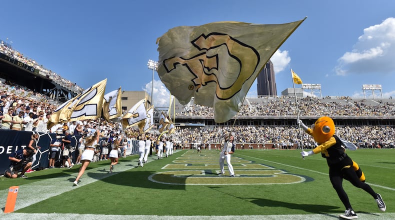 September 23, 2017 Atlanta - Georgia Tech cheerleaders celebrate in the second half of an NCAA college football game at Bobby Dodd Stadium on Saturday, September 23, 2017. Georgia Tech won 35 - 17 over the Pittsburgh. HYOSUB SHIN / HSHIN@AJC.COM