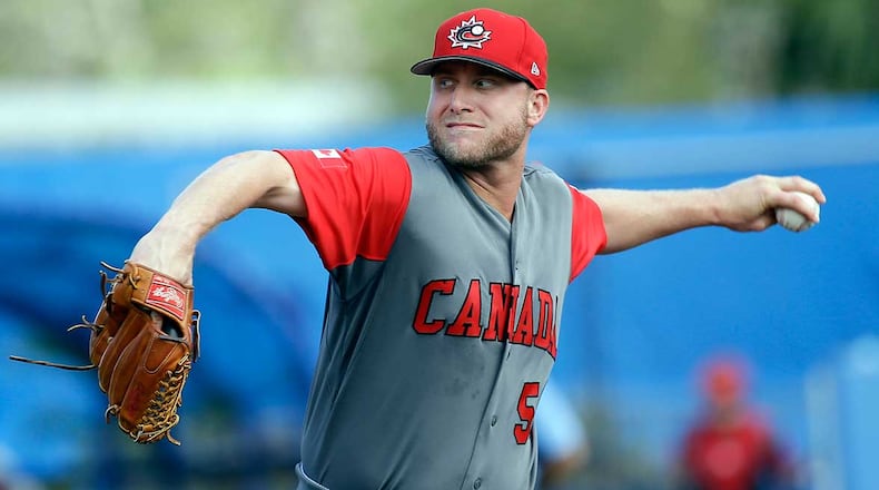 Kevin Chapman, shown here pitching for Canada in the World Baseball Classic, has been claimed off waivers by the Braves.