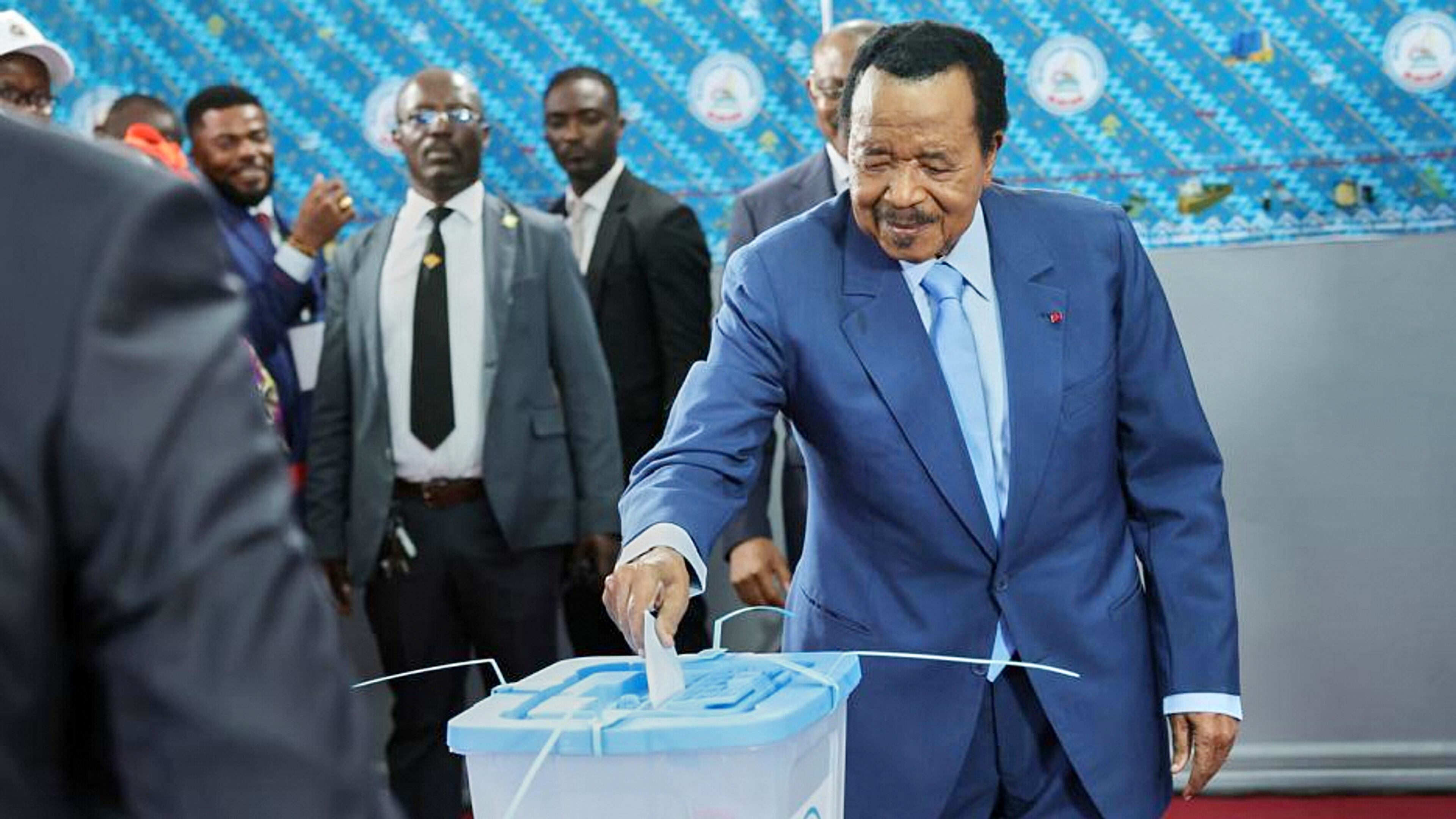President Paul Biya casts his ballot at the Government Bilingual primary school Bastos in Yaounde, Cameroon, Saturday, Oct. 12, 2025 (AP Photo/Angel Ngwe)
