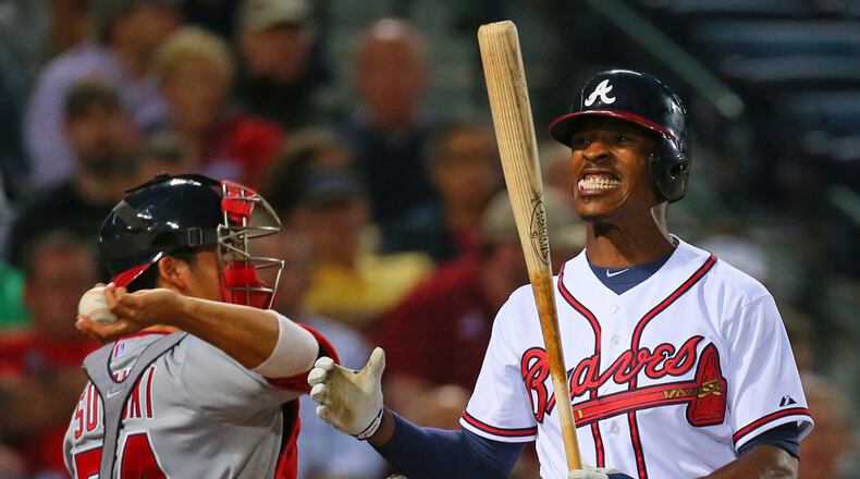 Braves B.J. Upton grits his teeth striking out to Nationals pitcher Jordan Zimmermann in the fifth inning on Wednesday, May 1, 2013, in Atlanta. CURTIS COMPTON / CCOMPTON@AJC.COM