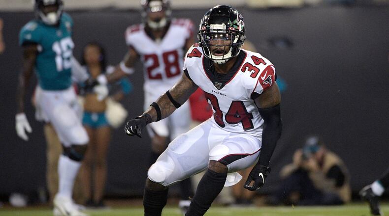Atlanta Falcons defensive back Chris Cooper (34) follows a play during the second half of a preseason NFL football game against the Jacksonville Jaguars Thursday, Aug. 29, 2019, in Jacksonville, Fla. (AP Photo/Phelan M. Ebenhack)