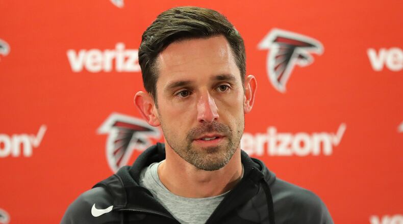 Falcons offensive coordinator Kyle Shanahan holds his press conference while preparing for the NFC divisional playoff football game against the Seahawks on Wednesday, Jan. 11, 2017, in Flowery Branch. Shanahan responded to questions on his ongoing interview process for head coaching jobs. Curtis Compton/ccompton@ajc.com