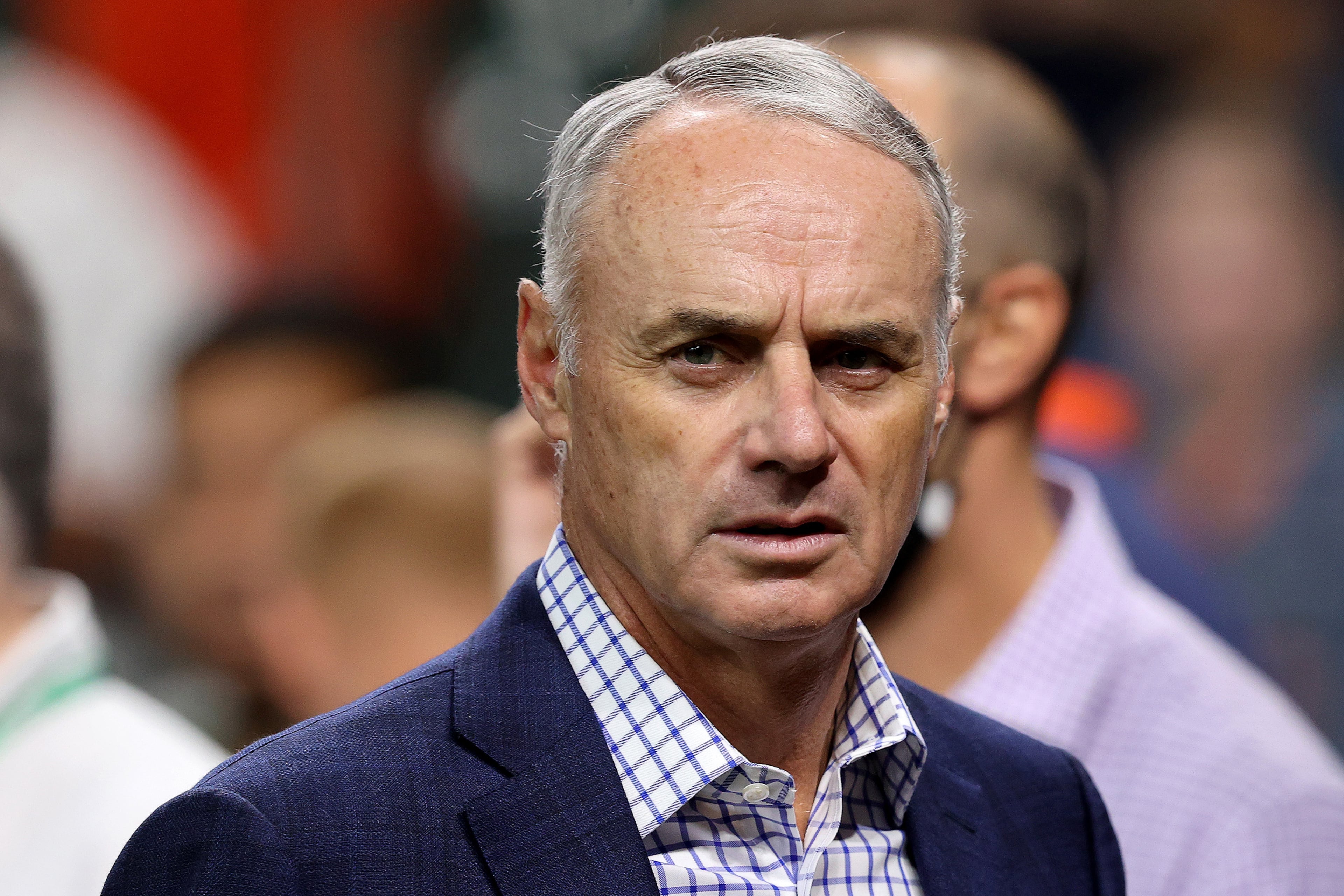MLB commissioner Rob Manfred looks on prior to Game 1 of the World Series between the Atlanta Braves and the Houston Astros at Minute Maid Park on Oct. 26, 2021, in Houston. (Bob Levey/Getty Images)