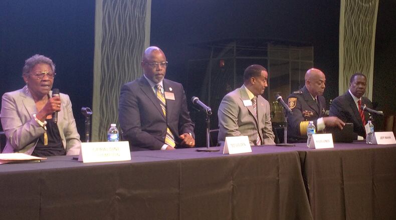 Five candidates running for DeKalb County sheriff will meet in the May 24 Democratic primary election. The candidates are Geraldine Champion, Ted Golden, Kyle Jones, Jeff Mann and Michael Williams. They met during a debate at New Life Church on May 16, 2016. MARK NIESSE / MARK.NIESSE@AJC.COM