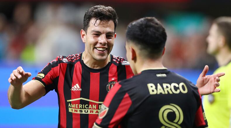 March 8, 2020 Atlanta: Atlanta United defender Fernando Meza (left) and Ezequiel Barco celebrate a 2-1 victory over FC Cincinnati in a MLS soccer match on Saturday, March 8, 2020, in Atlanta. Curtis Compton ccompton@ajc.com