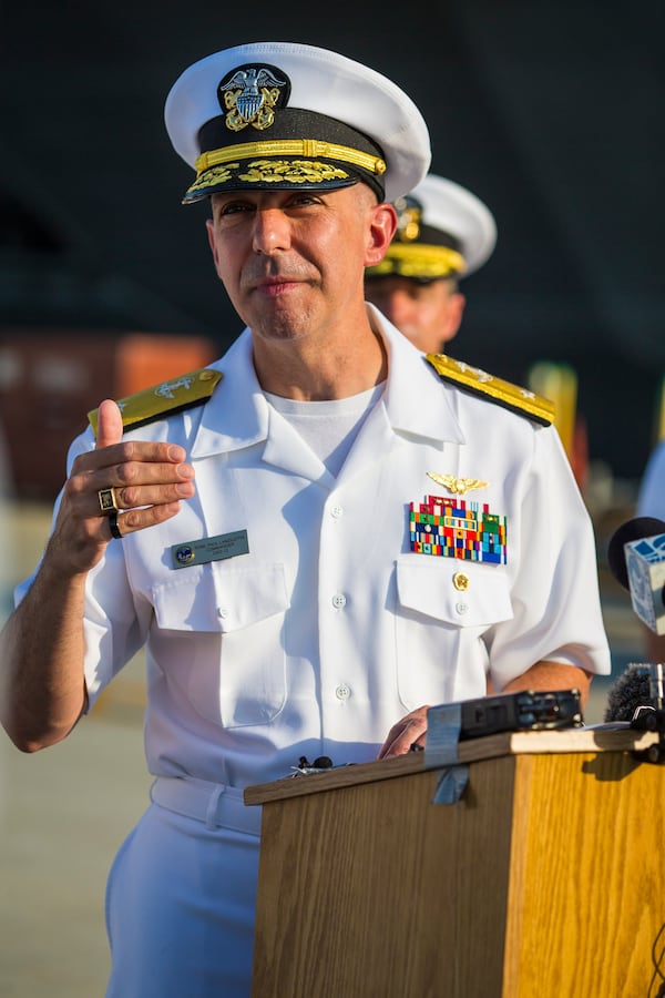 Rear Adm. Paul Lanzilotta, Commander, Carrier Strike Group 12, gives remarks as the USS Gerald R. Ford aircraft carrier makes final preparations to leave Naval Station Norfolk, Tuesday, June 24, 2025, in Norfolk, Va. (AP Photo/John Clark)