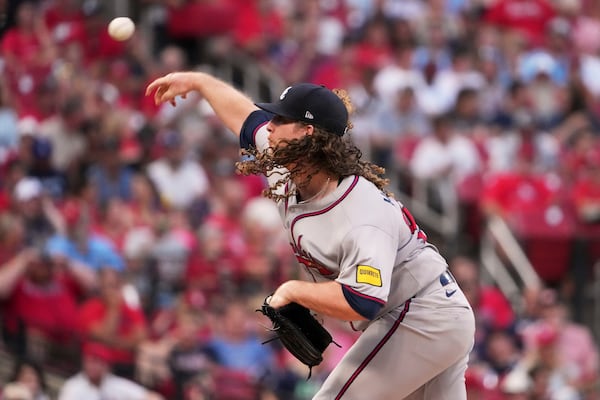 Atlanta Braves starting pitcher Grant Holmes throws during the first inning of a baseball game against the St. Louis Cardinals Friday, July 11, 2025, in St. Louis. (AP Photo/Jeff Roberson)