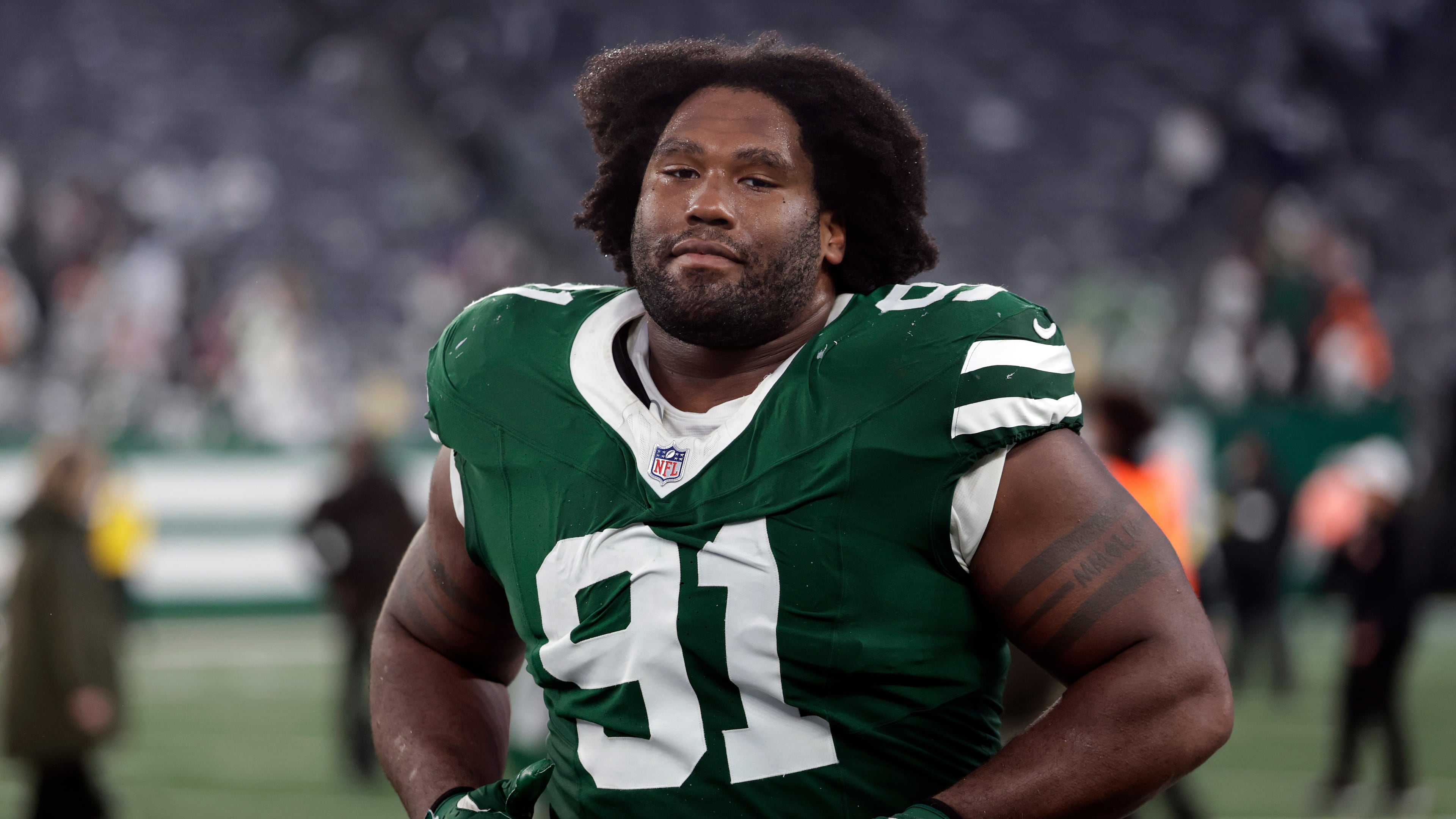 FILE - New York Jets defensive tackle Jowon Briggs (91) after an NFL football game against the Cleveland Browns, Sunday, Nov. 9, 2025, in East Rutherford, N.J. (AP Photo/Adam Hunger,File)