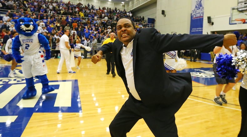 Georgia State head coach Ron Hunter reacts to winning the Sun Belt regular-season title after beating Georgia Southern 72-55 on Saturday, March 7, 2015, in Atlanta. (Curtis Compton/ccompton@ajc.com)