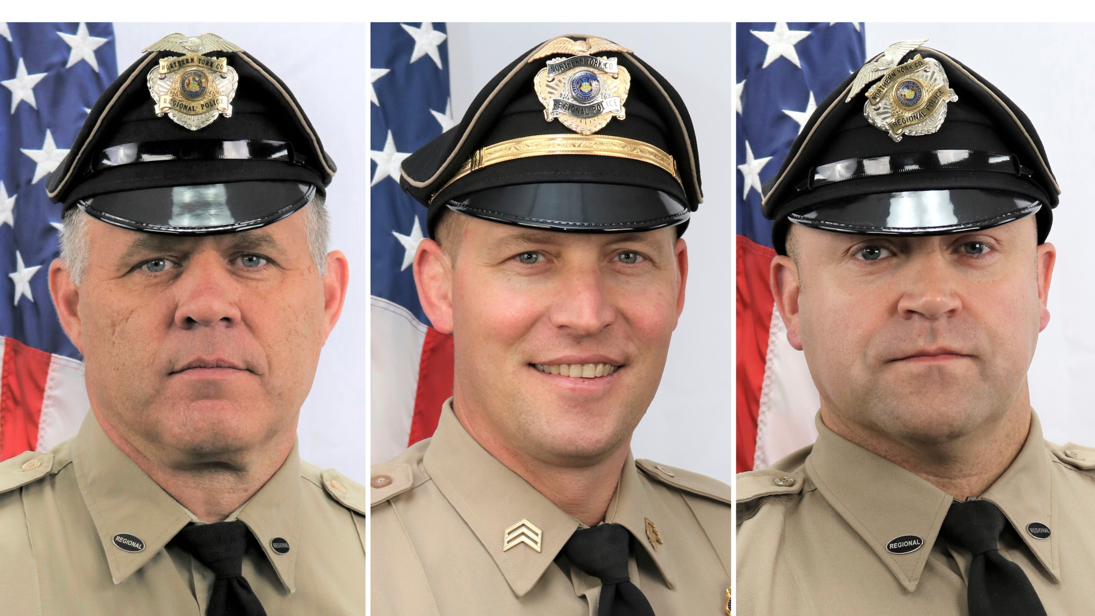 This combo of images provided by the York County, Pa., District Attorney's office on Thursday, Sept. 18, 2025, shows, from left, Det. Mark Baker, Det. Sgt. Cody Becker and Det. Isaiah Emenheiser, all of the Northern York County Regional Police Department. (Northern York County Regional Police Department/York County District Attorney's Office via AP)