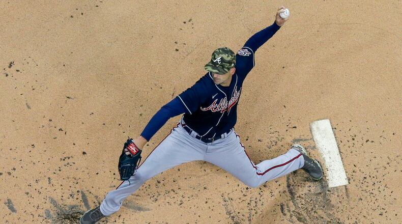 Atlanta Braves starting pitcher Drew Smyly throws during the first inning of a baseball game against the Milwaukee Brewers Friday, May 14, 2021, in Milwaukee. (AP Photo/Morry Gash)