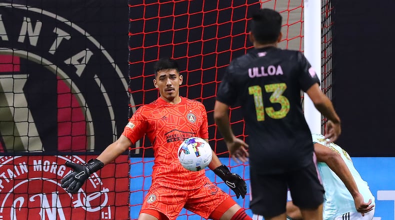 Atlanta United goalkeeper Rocco Rios Novo blocks a shot by Inter Miami during a 2-0 victory in an MLS soccer match Sunday in Atlanta.     (Curtis Compton / Curtis.Compton@ajc.com)