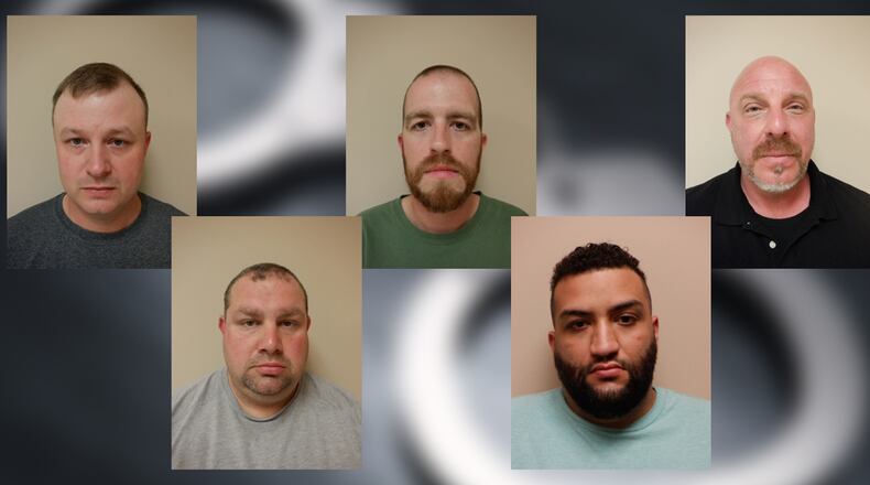 The five officers indicted on murder charges related to the death of Fernando Rodriguez in 2019 are Gregory Bowlden (from left), Robert Butera, Mason Lewis, Quinton Phillips and Marcus Stroud.