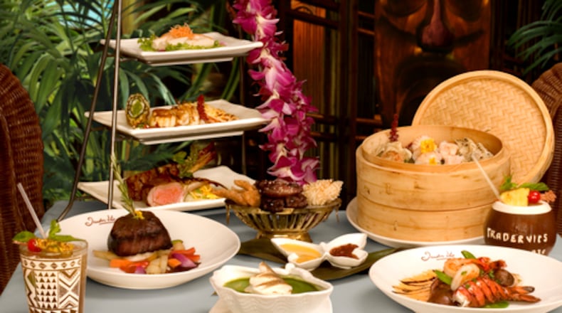 Trader Vic's caters to those who want a Polynesian getaway at home. The menu includes the mammoth luau dinner, a four-course feast with a main course of spicy shrimp, stir-fried chicken and snow peas, a filet of beef and a side of steamed rice.