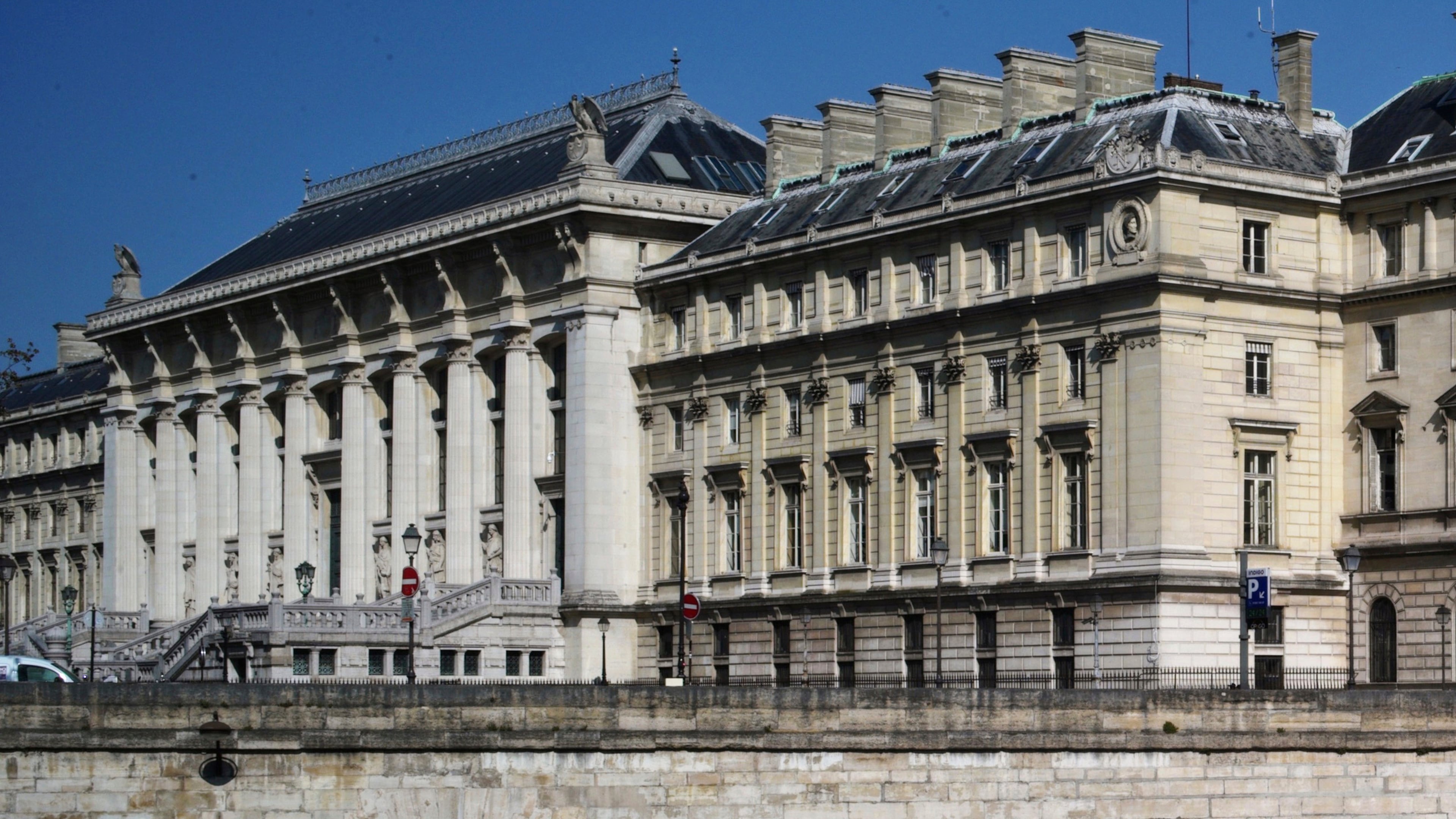 FILE - The Palais de Justice courthouse during nationwide confinement measures to counter the Covid-19, in Paris, Wednesday, April 8, 2020. (AP Photo/Thibault Camus, file)