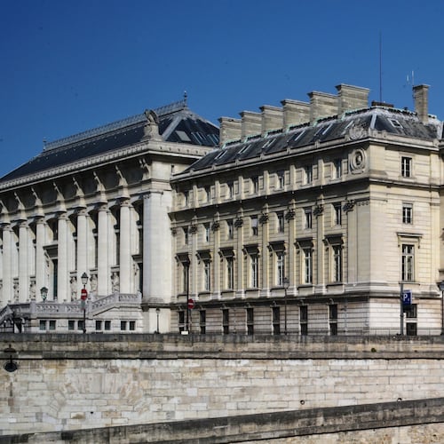 FILE - The Palais de Justice courthouse during nationwide confinement measures to counter the Covid-19, in Paris, Wednesday, April 8, 2020. (AP Photo/Thibault Camus, file)